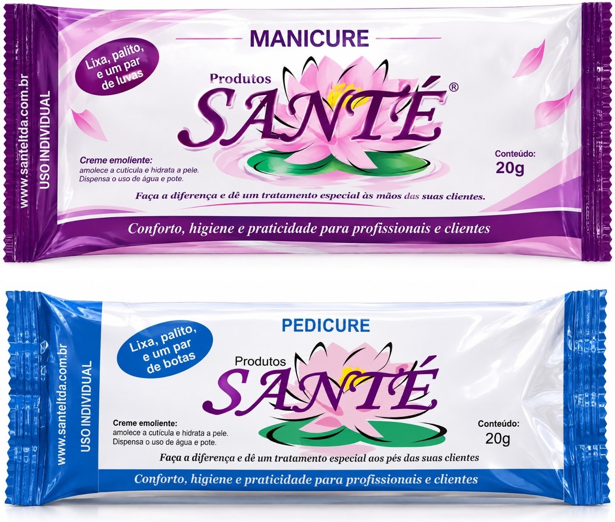 Embalagens originais Santê: sachê Manicure roxo e sachê Pedicure azul