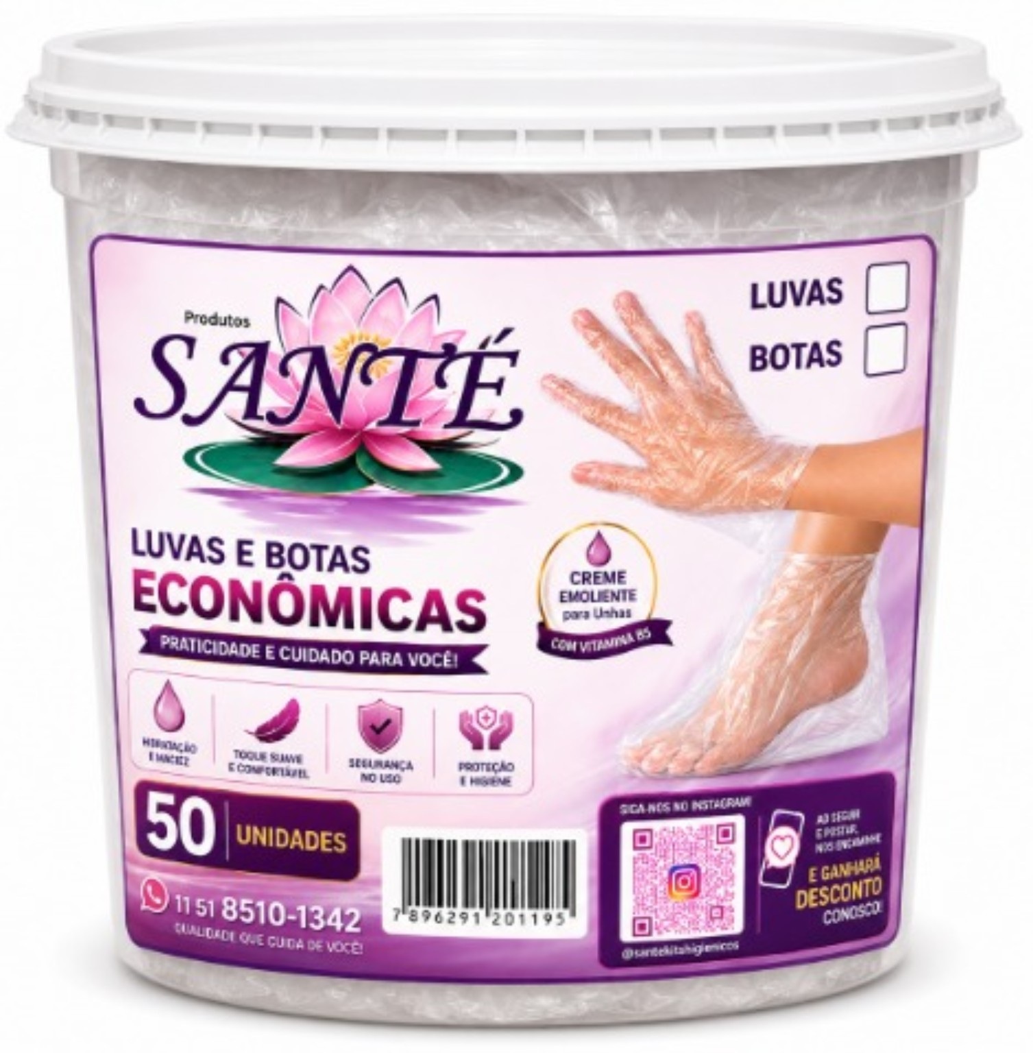 Embalagem original Santê Luvas e Botas Econômicas com 50 unidades
